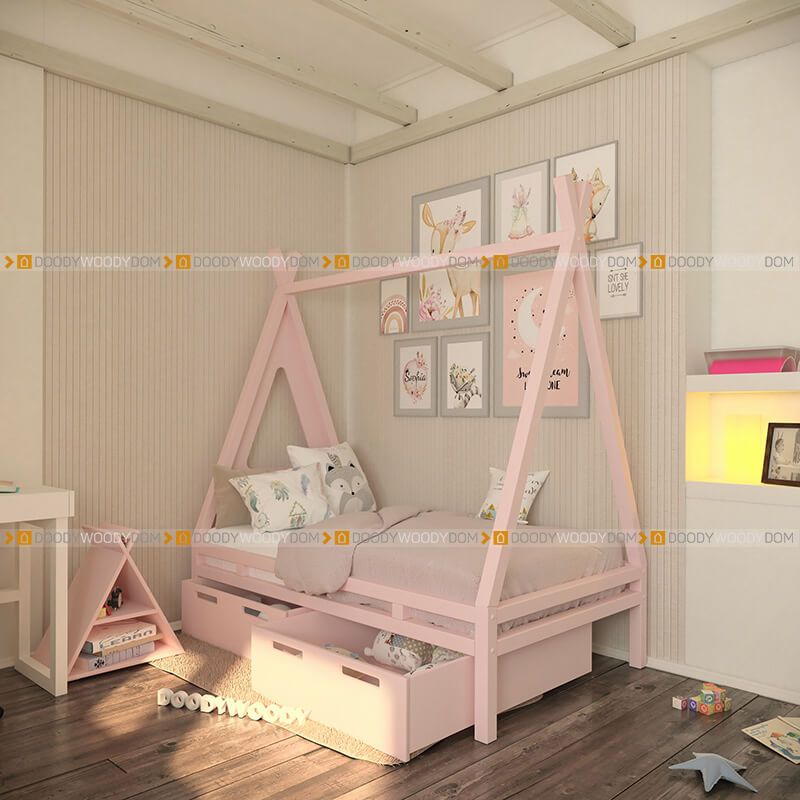 Кровать - вигвам для детей с изголовьем и ящиками. Цвет розовый Ral-3015